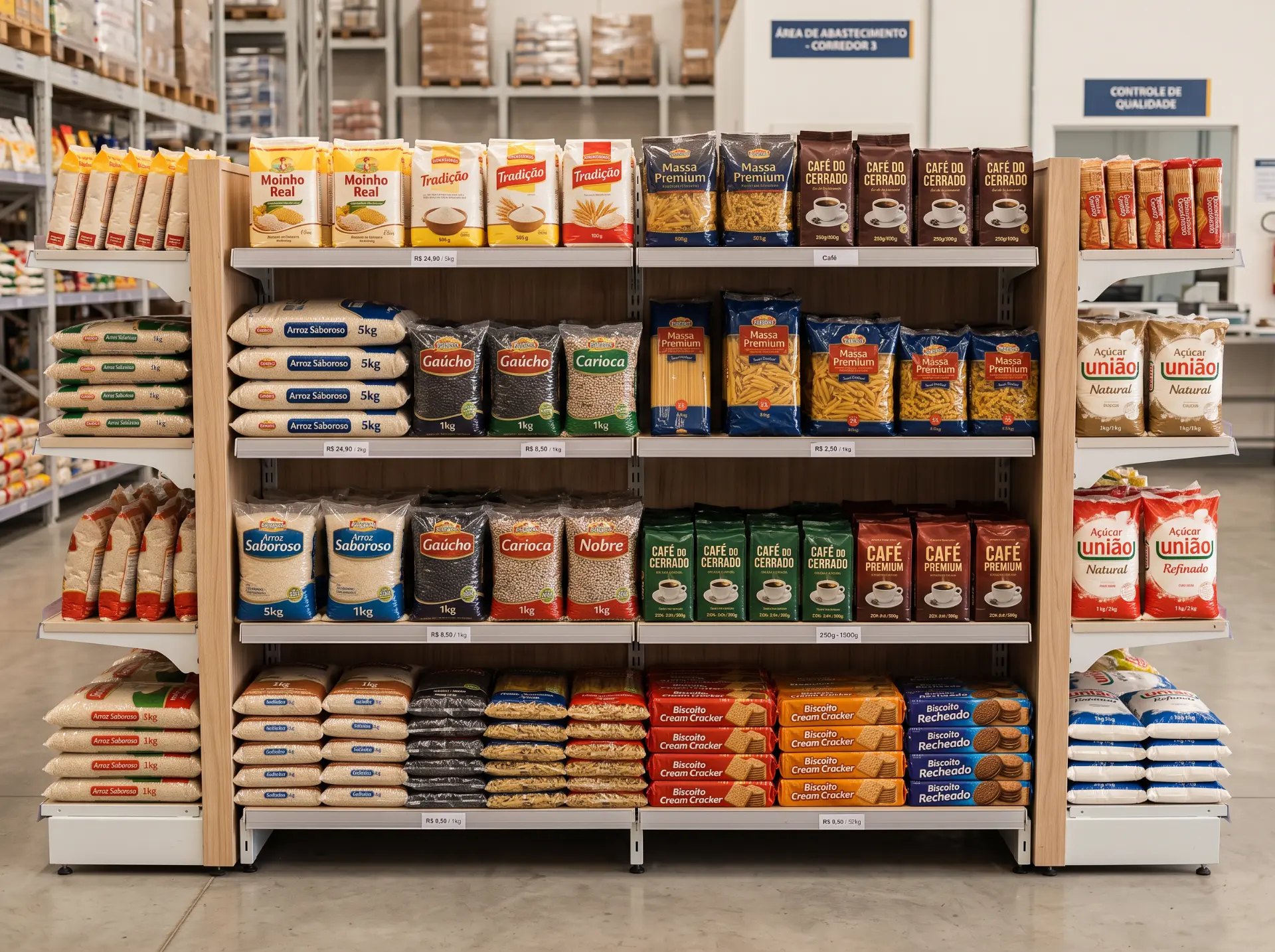 Expositor de mercearia seca com arroz, feijão, massas, café, açúcar e biscoitos
